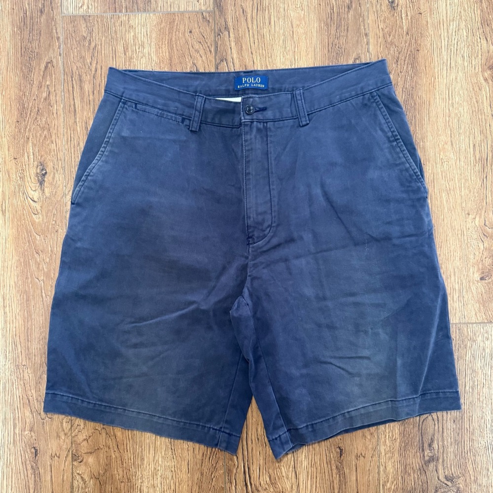 Polo Ralph Lauren Mens Navy Blue Cotton Chino‎ Shorts Size 33 Flat Front Classic